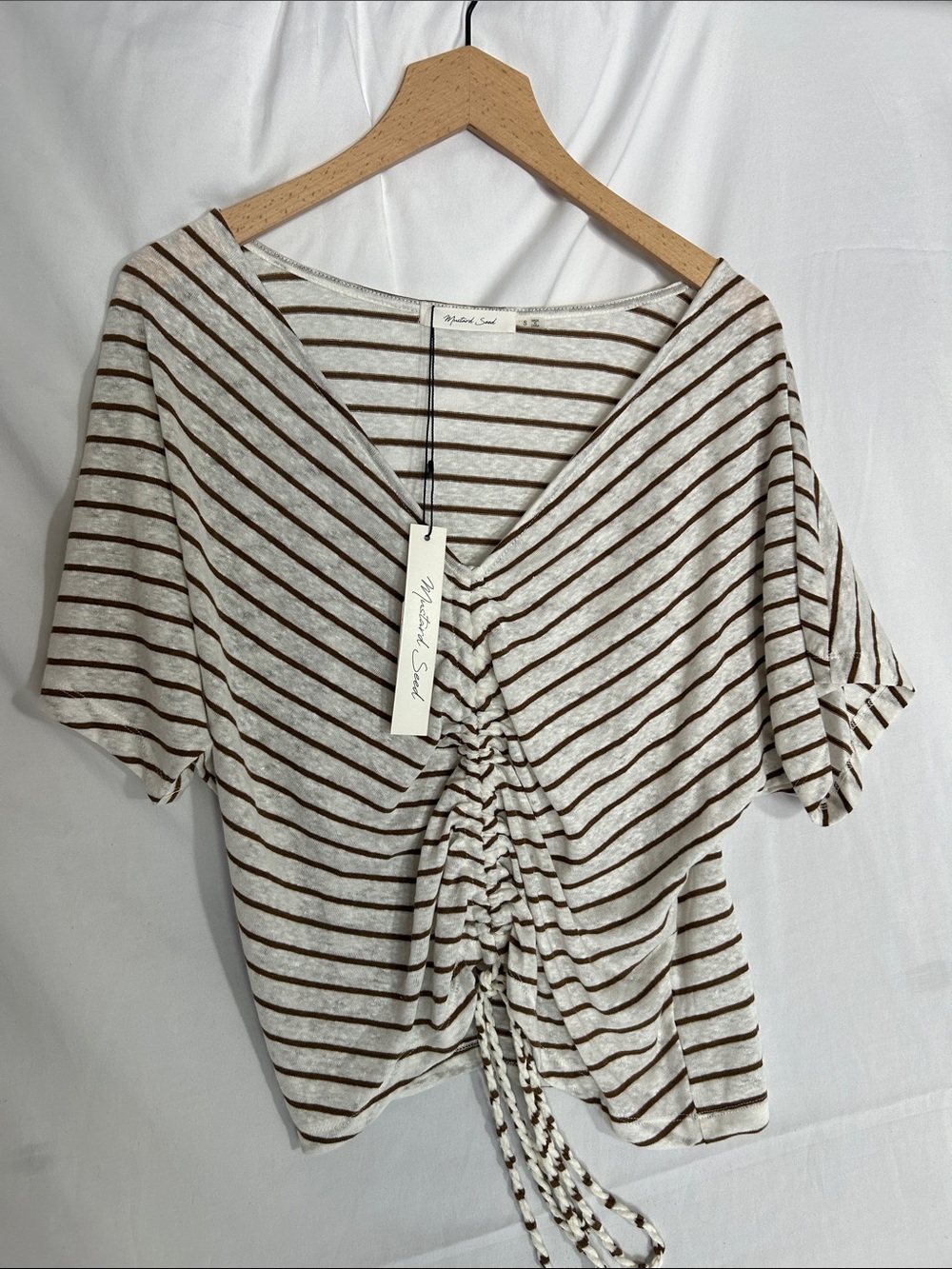 Madison Brown & Cream Striped Ruched Drawstring Crop Top